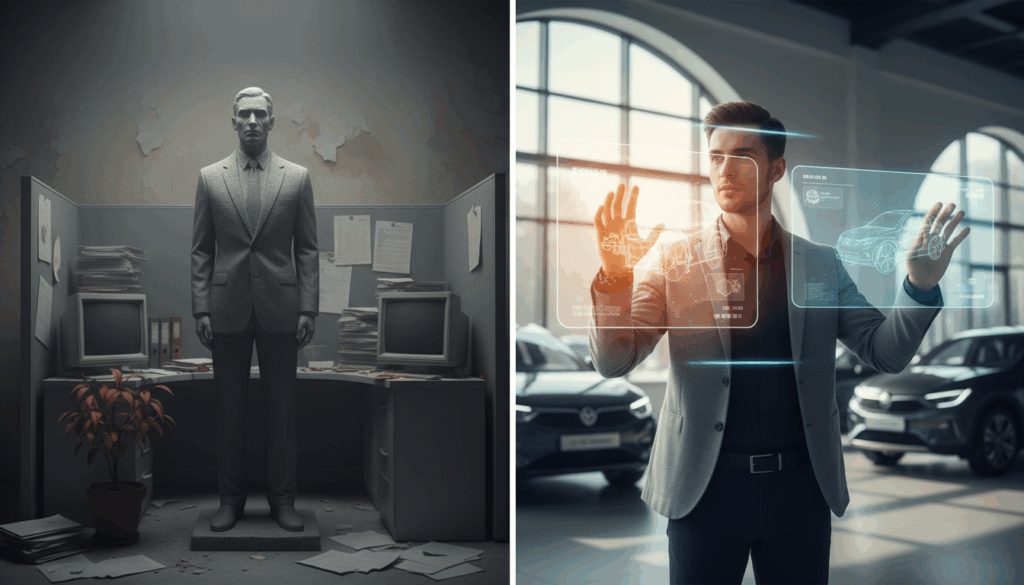 Comparison of a rigid, experienced salesperson versus a coachable new hire using digital training tools.