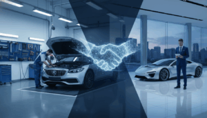 A visual representation of fixed operations and sales alignment in a car dealership, showing a mechanic and salesperson connected by a digital bridge.