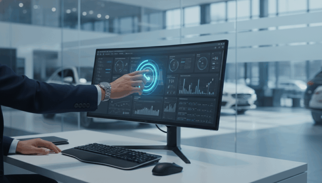 Automotive BDC representative using CRM software to make outbound calls during the January sales slump.