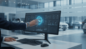 Automotive BDC representative using CRM software to make outbound calls during the January sales slump.