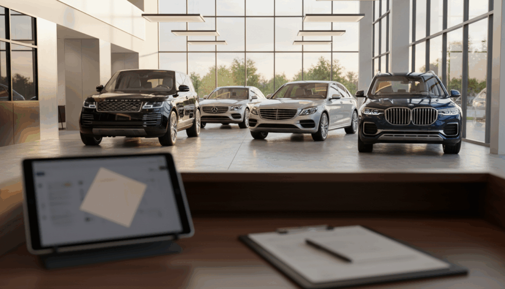 Modern dealership service lane filled with vehicles representing potential inventory.