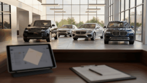 Modern dealership service lane filled with vehicles representing potential inventory.