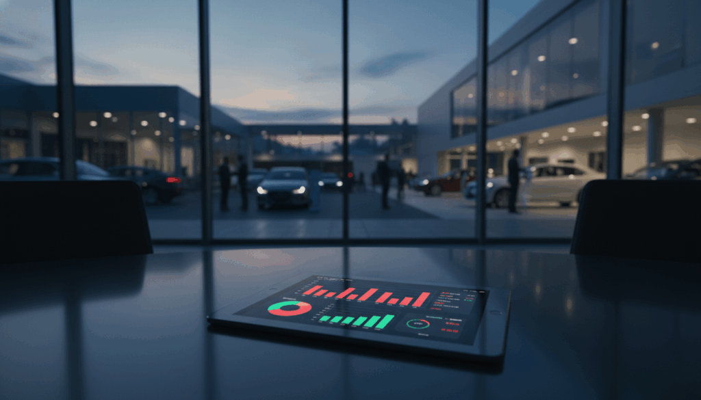 Automotive mystery shopping data dashboard on a tablet in a dealership showroom.