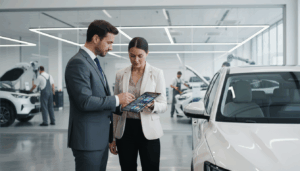 Service advisor discussing trade-in equity with a customer in the service lane using a tablet.