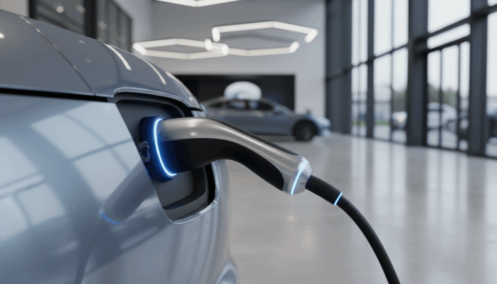 Close-up of NACS charger plugged into a 2026 electric vehicle in a modern showroom.