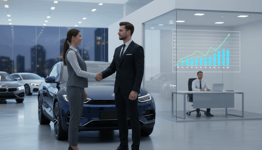 New automotive sales consultant closing a deal in a modern showroom after successful onboarding.