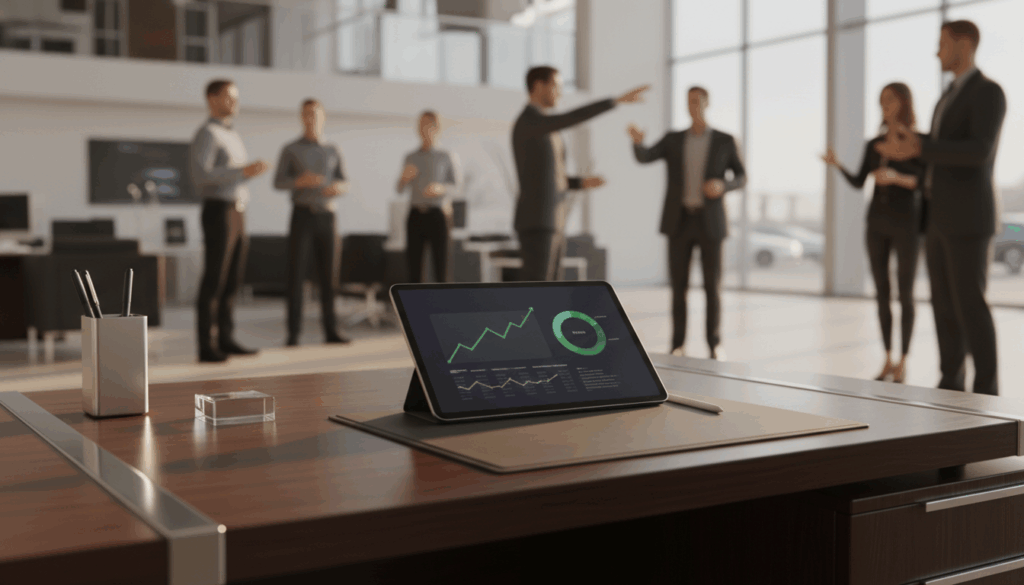 Dealership management strategy 2026 execution plan on a tablet with sales team training in background.