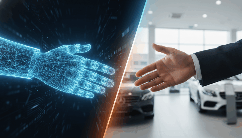 AI robot and human car salesman shaking hands representing hybrid BDC model