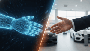 AI robot and human car salesman shaking hands representing hybrid BDC model