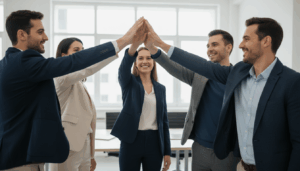 High energy car dealership sales huddle meeting