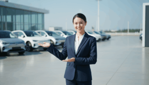 Car salesperson greeting customer on lot with open body language