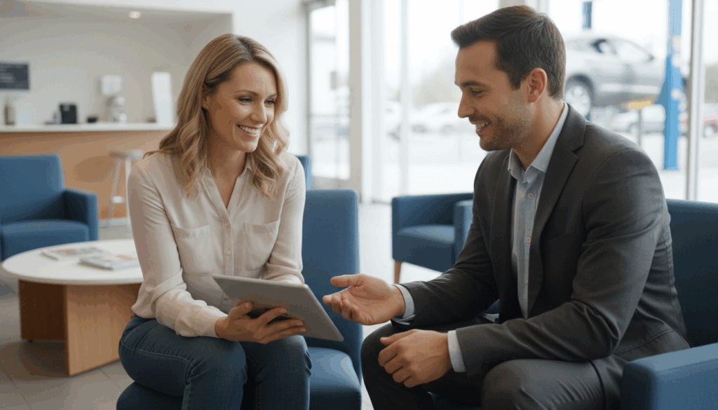 Car salesman presenting equity offer to customer in service waiting area
