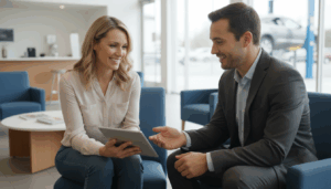 Car salesman presenting equity offer to customer in service waiting area