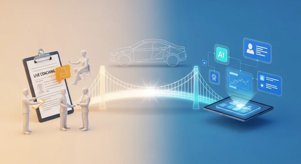 Businesspeople review a Live Coaching document as a car blueprint and AI data screens connect to a tablet in a futuristic bridge of light.