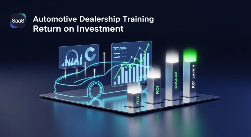 Title slide: "Automotive Dealership Training—Return on Investment" with a glowing car and rising charts in the background.
