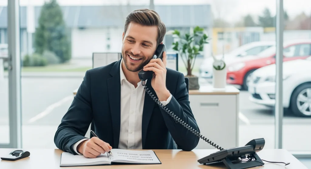 Automotive sales professional setting appointments by phone at dealership desk