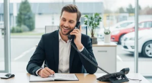 Automotive sales professional setting appointments by phone at dealership desk