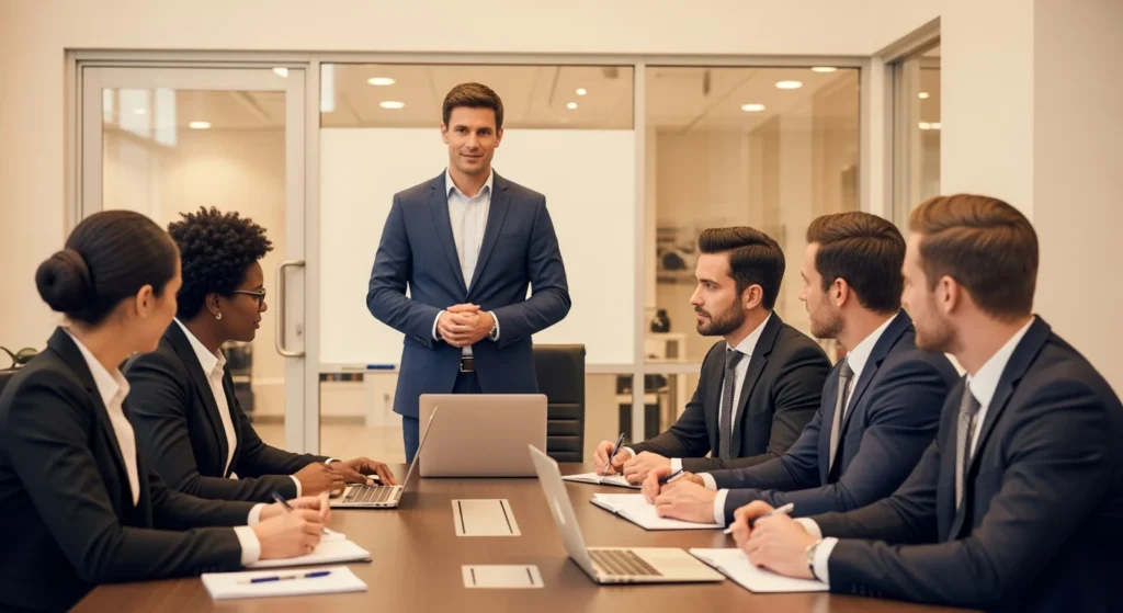 Automotive sales training session at a modern car dealership with manager coaching sales team