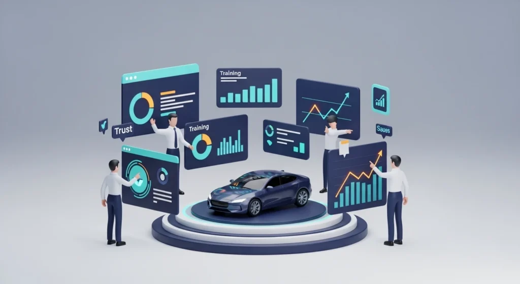 Car displayed on a circular platform with floating data dashboards and charts around it, suggesting automotive analytics visualization