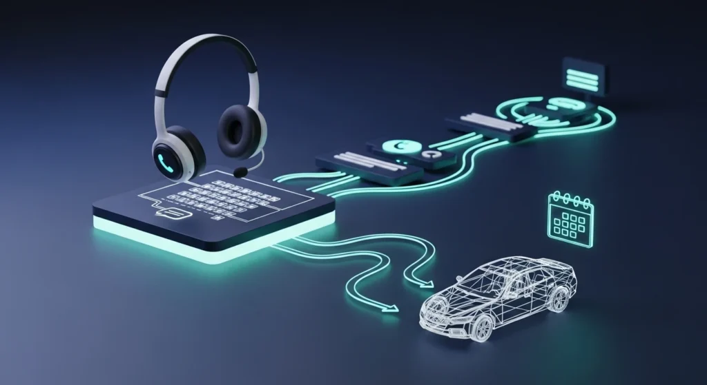 Headset connected to a glowing data module with a wireframe car and neon lines symbolizing connected autonomous driving.