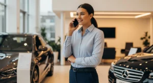 Car salesperson handling phone call in modern showroom with vehicles in background