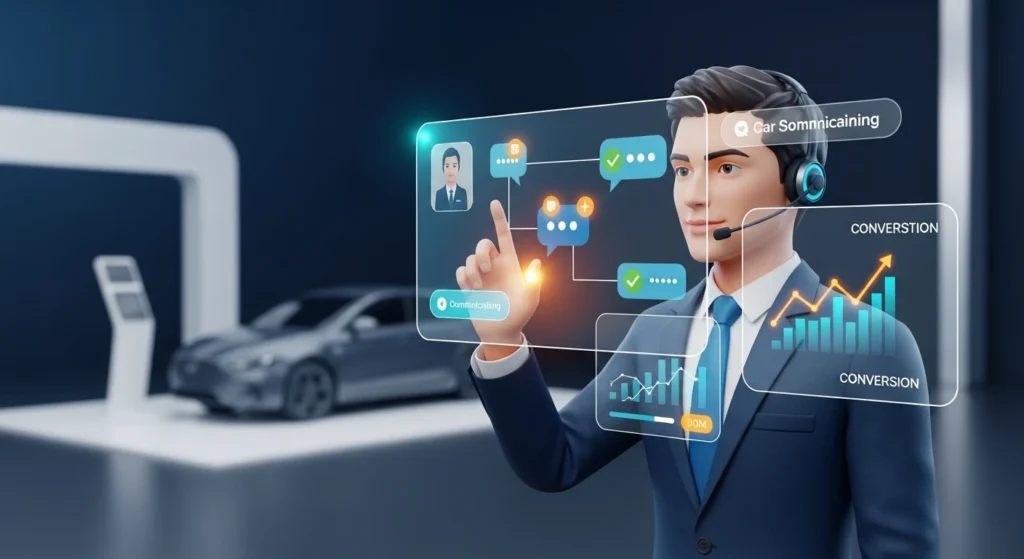 Businessperson wearing a headset interacts with translucent holographic dashboards showing messages and conversion charts near a blurred car showroom backdrop.