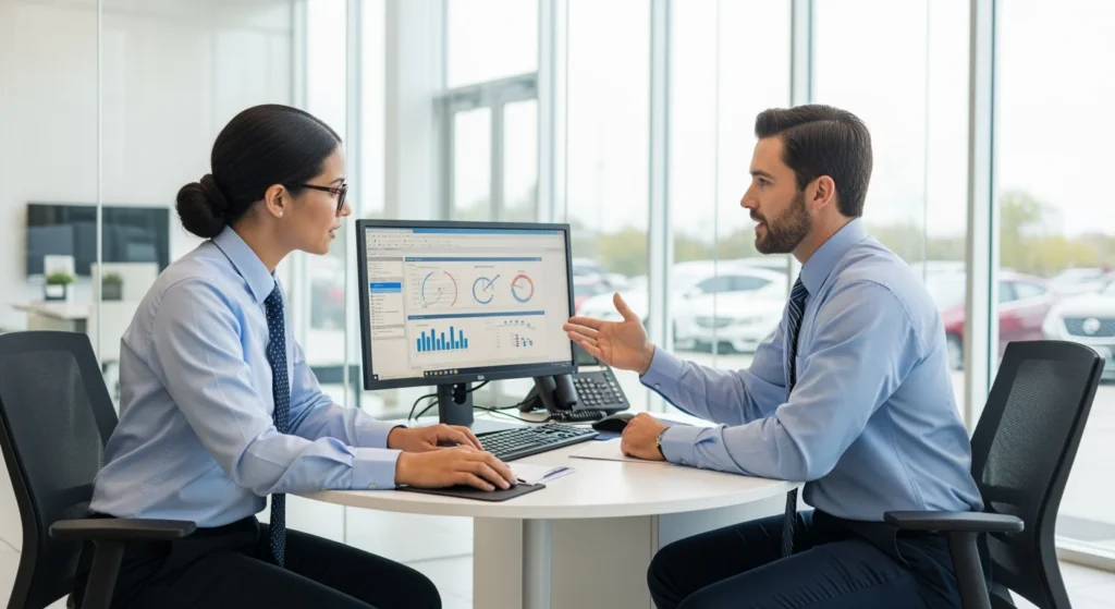 Dealership manager coaching sales manager using performance data in dealership office