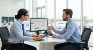 Dealership manager coaching sales manager using performance data in dealership office