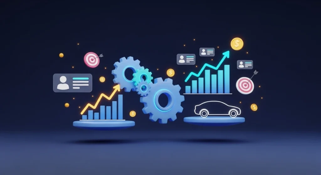 Abstract business illustration showing gears, rising graphs, and a car on platforms to symbolize automotive growth and optimization.