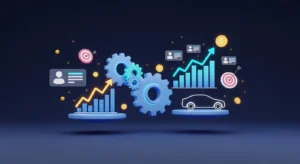 Abstract business illustration showing gears, rising graphs, and a car on platforms to symbolize automotive growth and optimization.