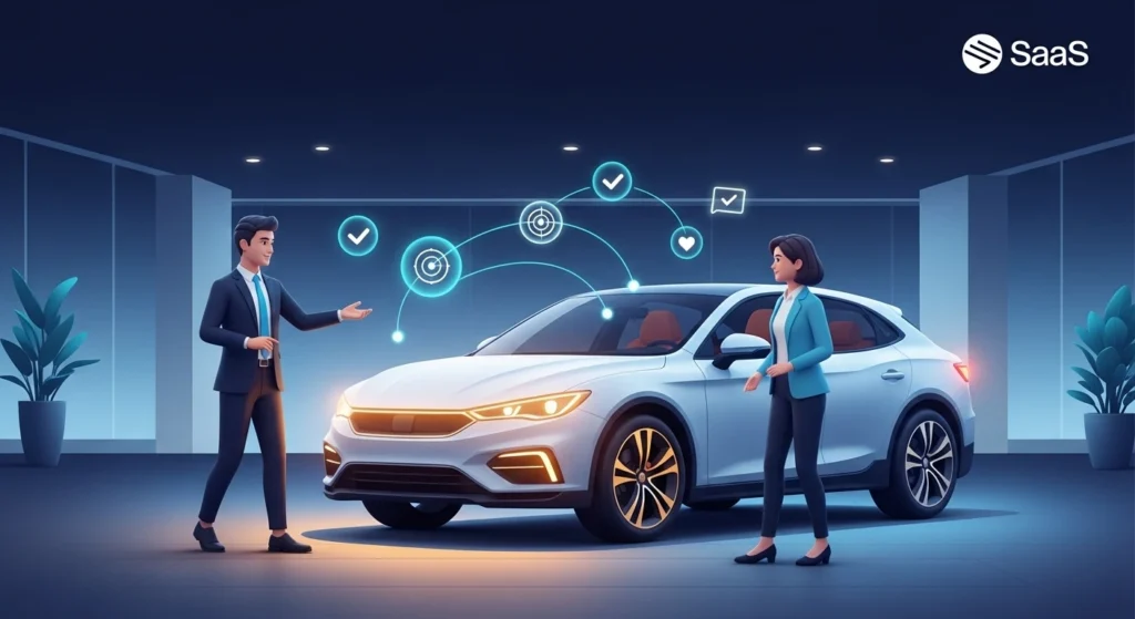 Two professionals discuss a white sedan in a showroom, with glowing tech icons hovering above the car.