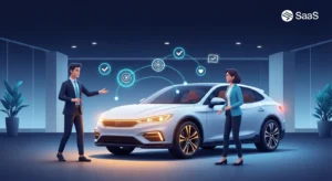 Two professionals discuss a white sedan in a showroom, with glowing tech icons hovering above the car.