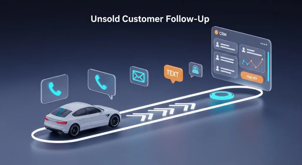 White car follows a glowing road toward a CRM dashboard, with call, text, and email icons floating along the path.