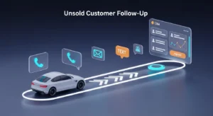 White car follows a glowing road toward a CRM dashboard, with call, text, and email icons floating along the path.