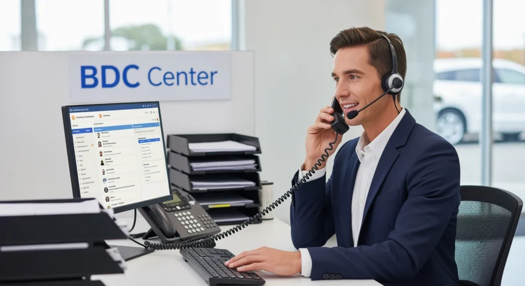 BDC representative at dealership workstation handling inbound call with CRM system visible