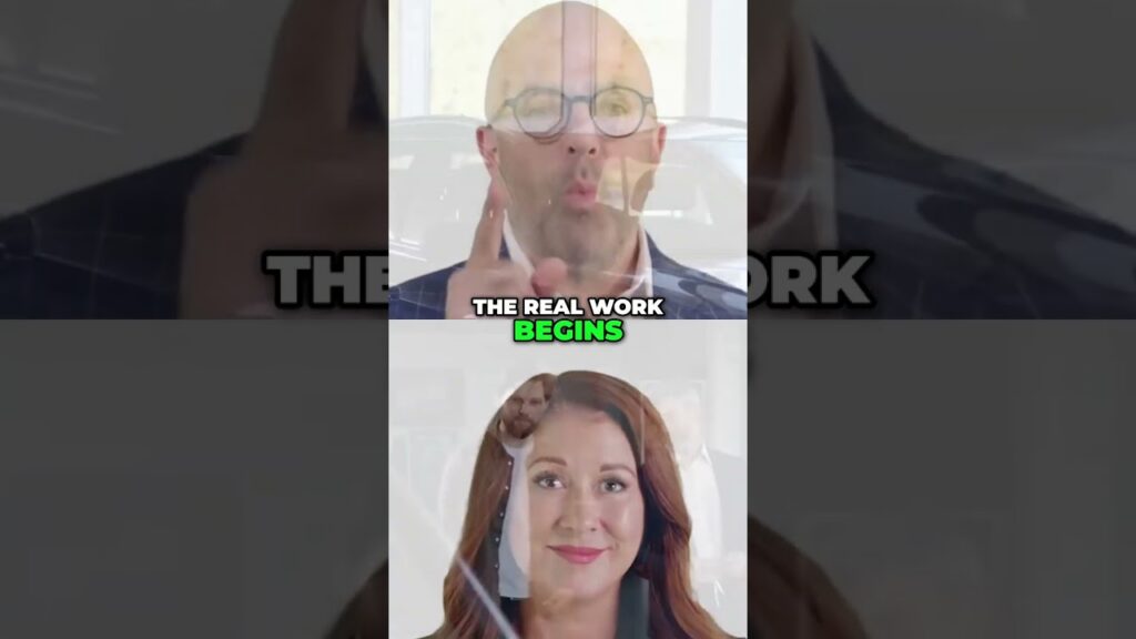 Two-panel meme: top shows a bald man with glasses making a finger gesture, with the caption 'THE REAL WORK BEGINS'; bottom shows a smiling woman with a blurred man in the background.