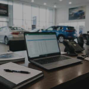 Desk setup at a car dealership showroom: laptop, notebook, and phone in foreground with blurred cars outside the windows.