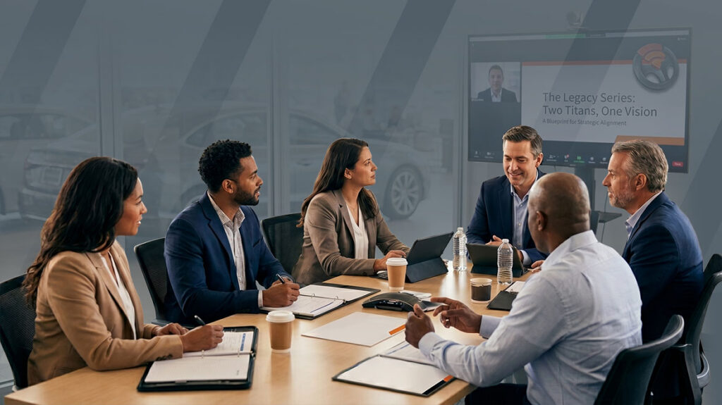 Six professionals sit around a conference table in a meeting room, engaging in a discussion with a presentation on a wall screen showing 'The Legacy Series: Two Titans, One Vision'.